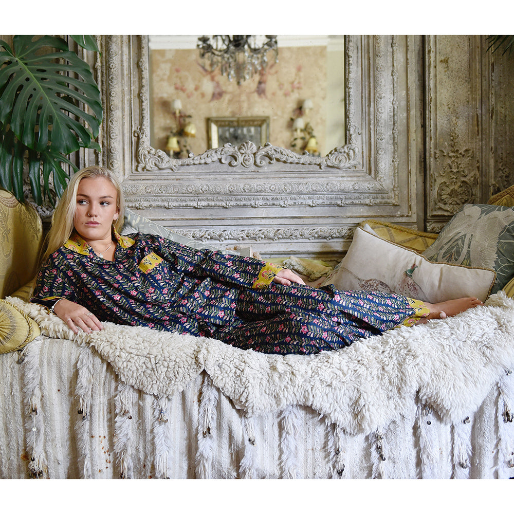 Navy Blue & Pink Lily Vertical Block Print Pyjamas