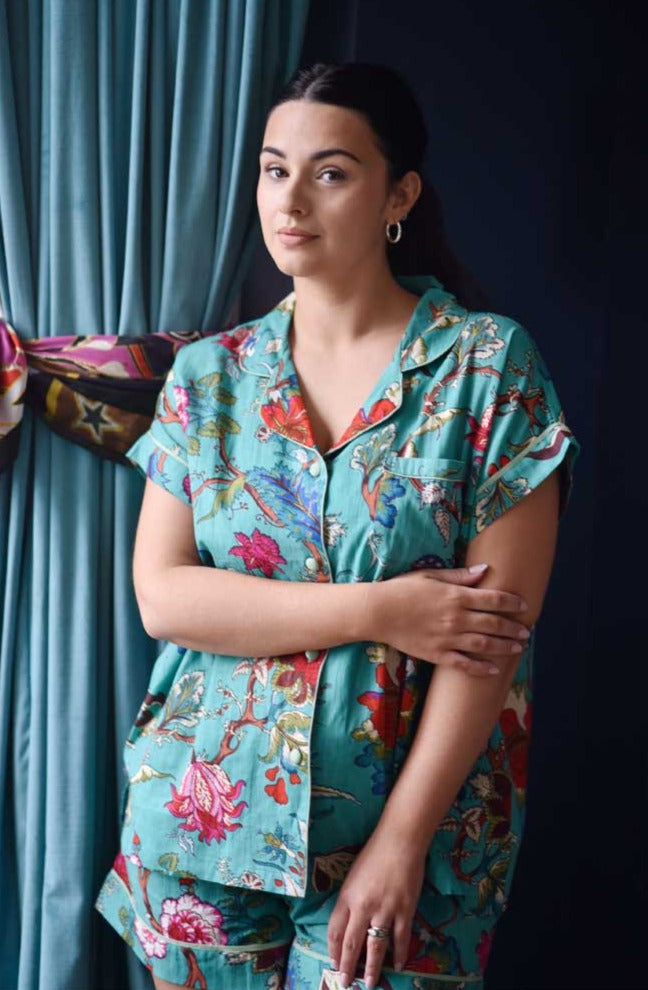 Teal Exotic Flower Short Pyjama Set