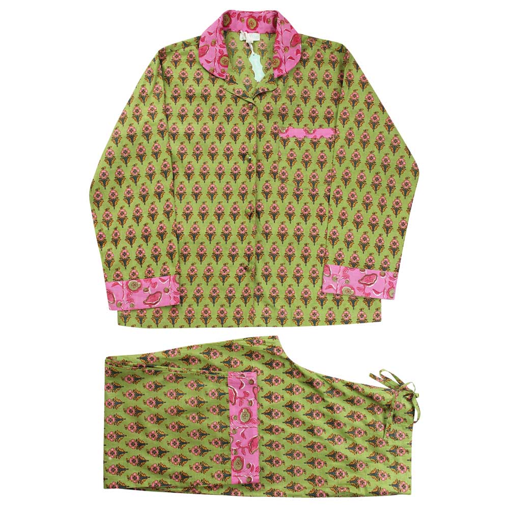 Lime Green & Pink Small Block Print Women’s Pyjamas
