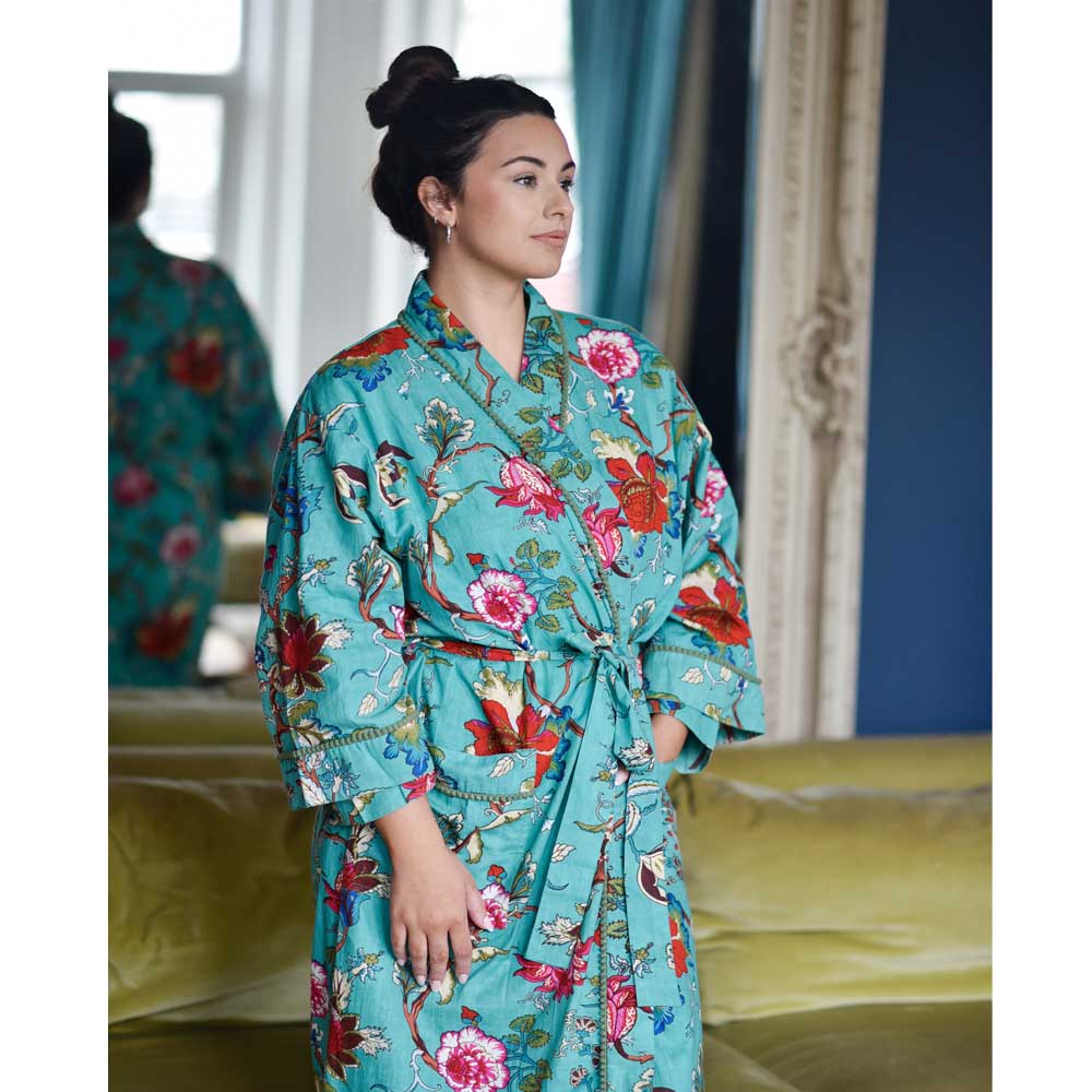 Teal Exotic Flower Dressing Gown
