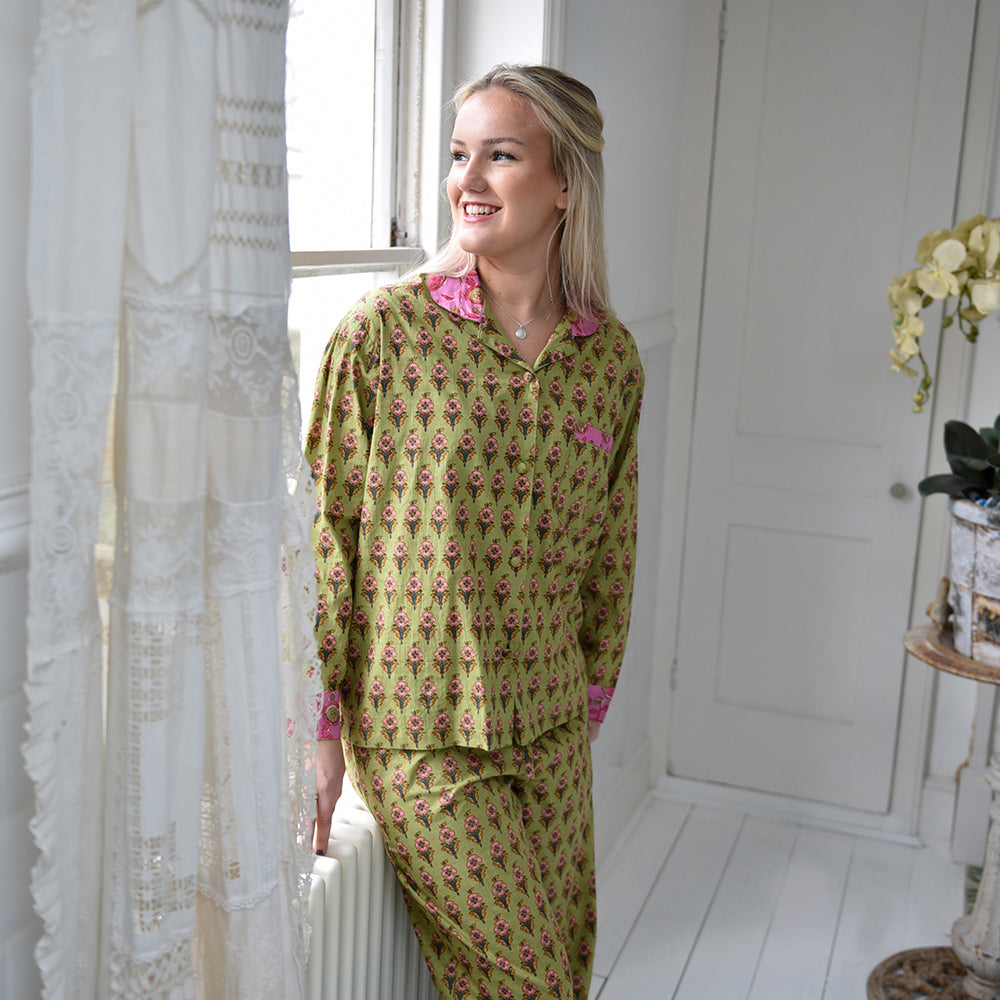 Lime Green & Pink Small Block Print Women’s Pyjamas