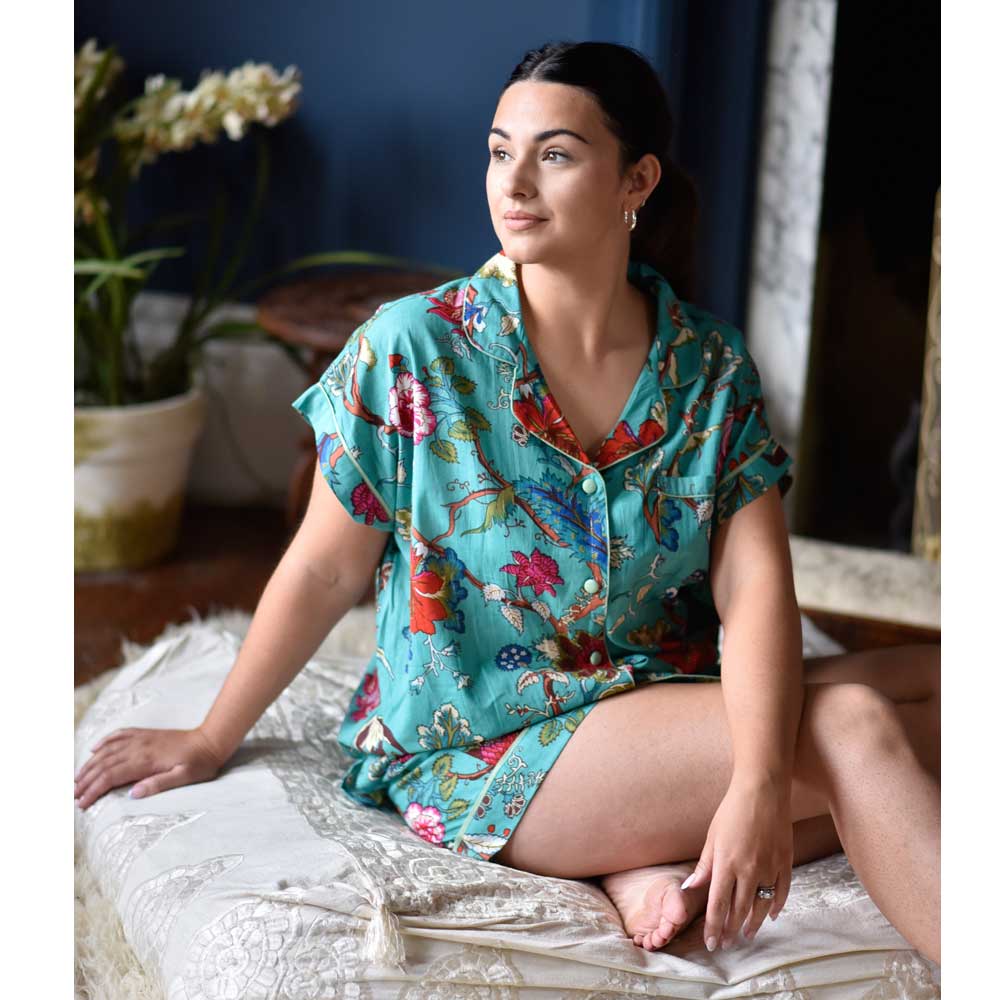 Teal Exotic Flower Short Pyjama Set