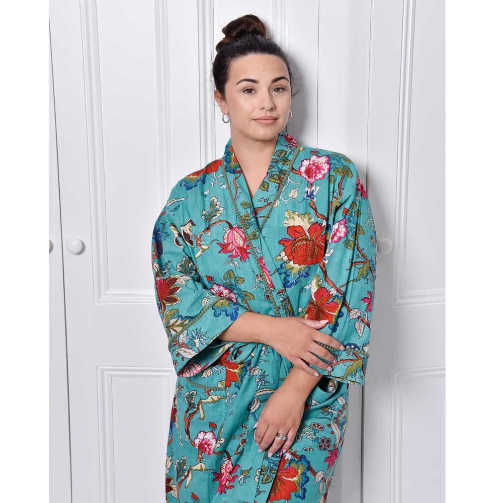 Teal Exotic Flower Dressing Gown