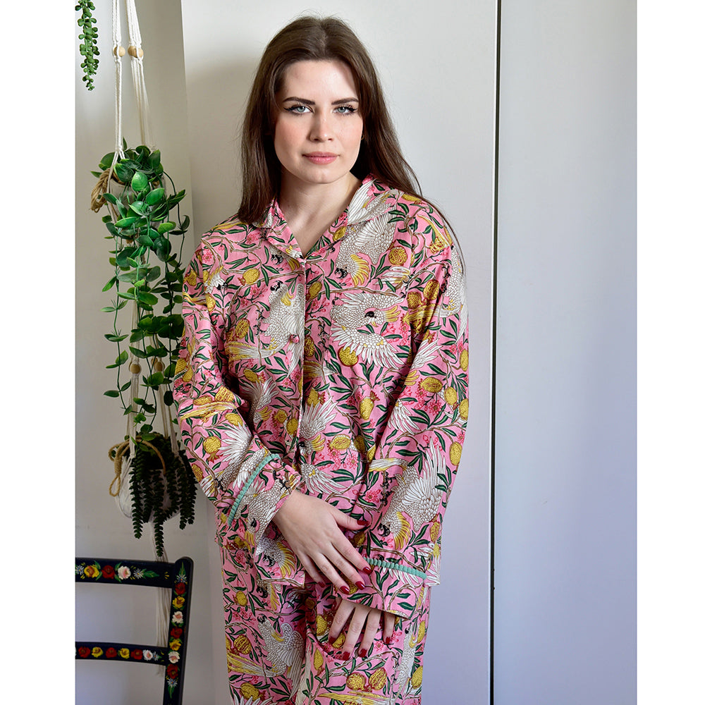Pink Tropical Bird & Pomegranate Print Pyjamas