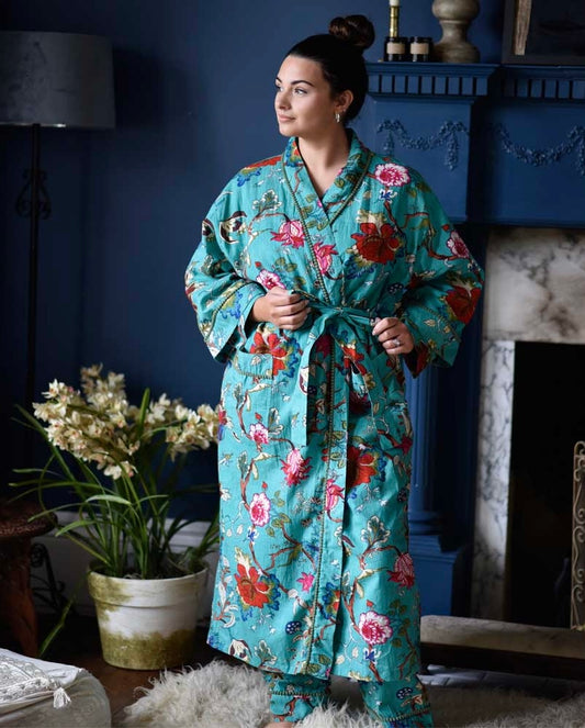Teal Exotic Flower Dressing Gown