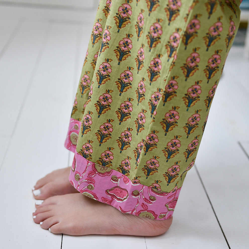 Lime Green & Pink Small Block Print Women’s Pyjamas