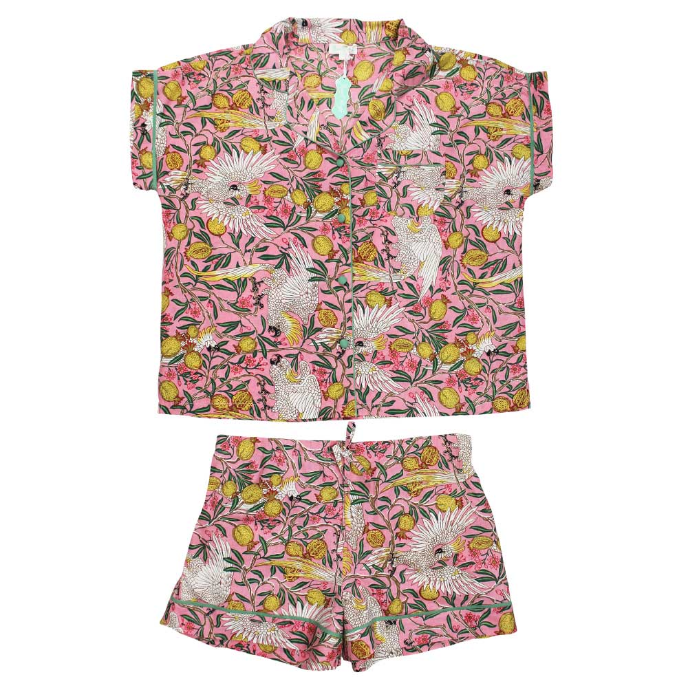 Pink Tropical Bird & Pomegranate Print Short Pyjama Set