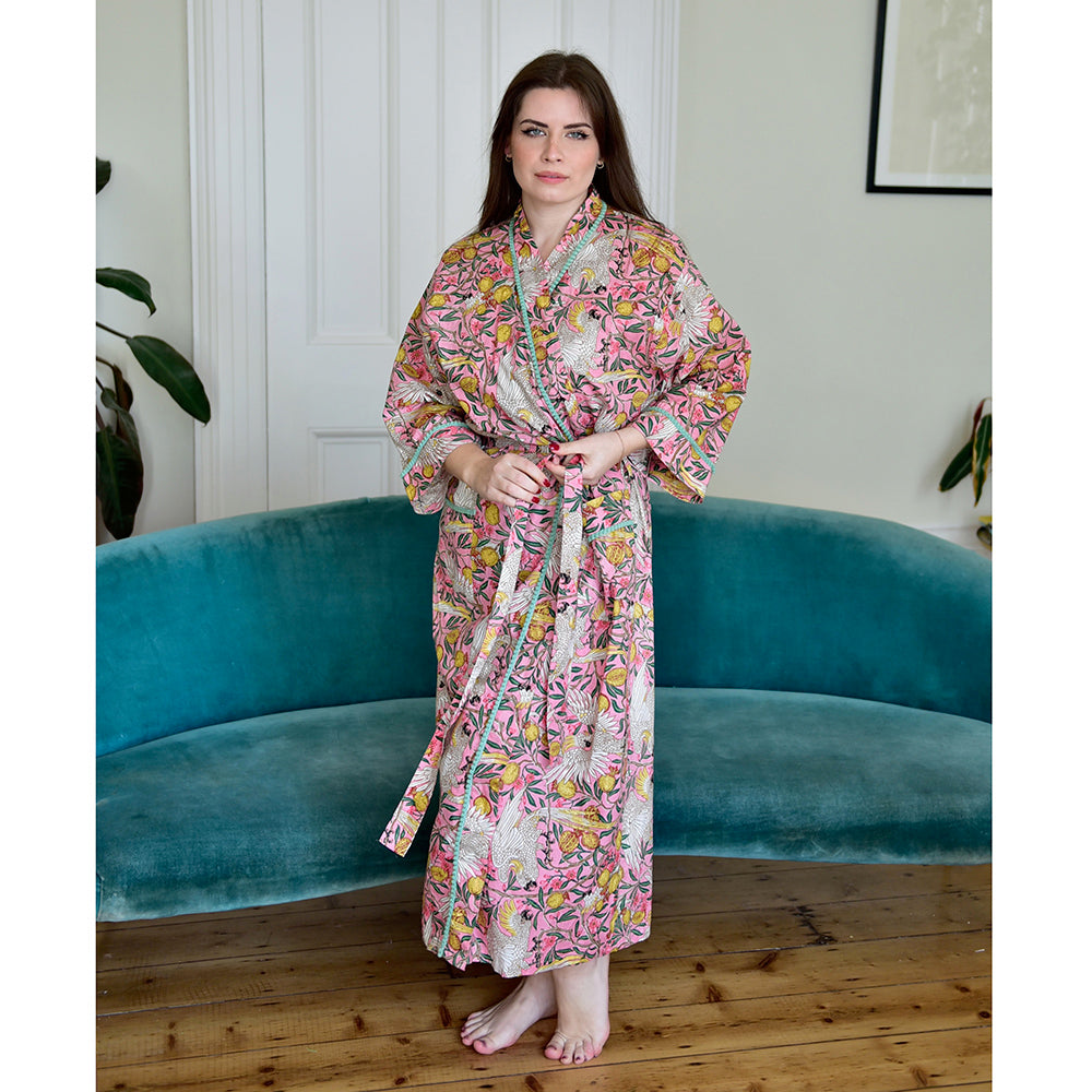 Pink Tropical Bird & Pomegranate Print Dressing Gown