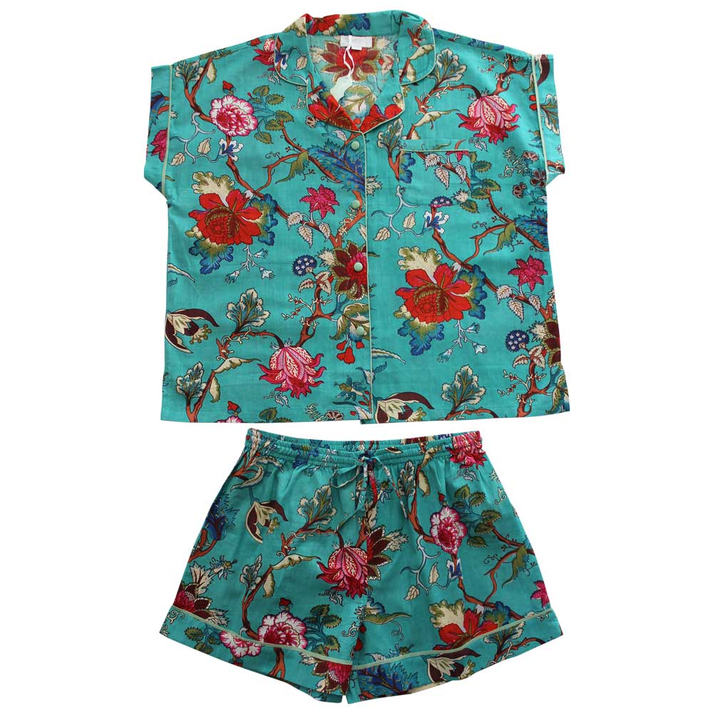 Teal Exotic Flower Short Pyjama Set