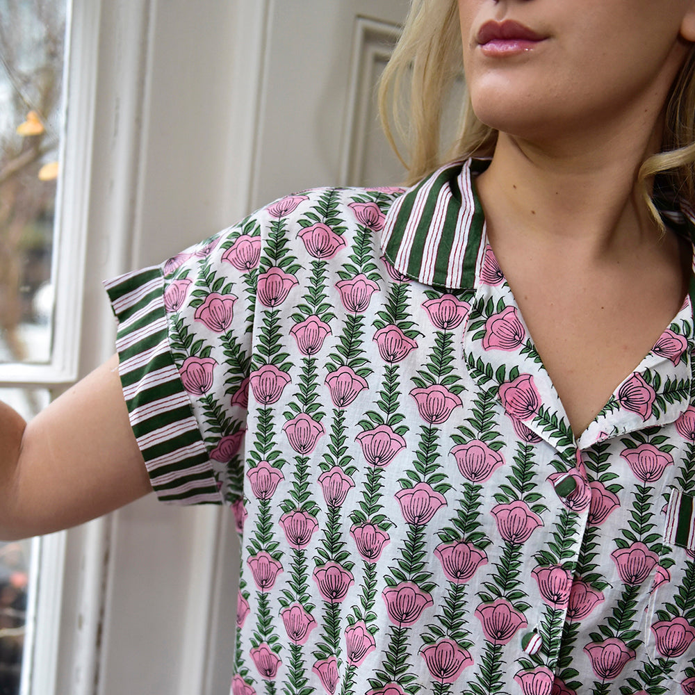 Pink & Green Damask Style Floral Print Short Pyjama Set