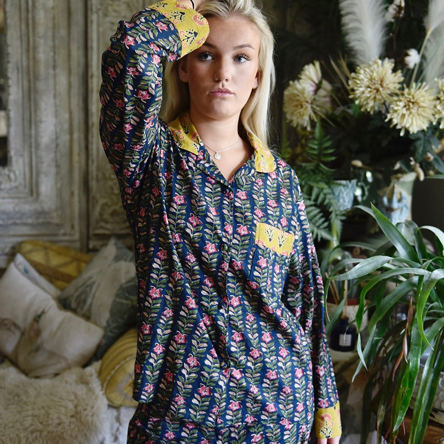 Navy Blue & Pink Lily Vertical Block Print Pyjamas
