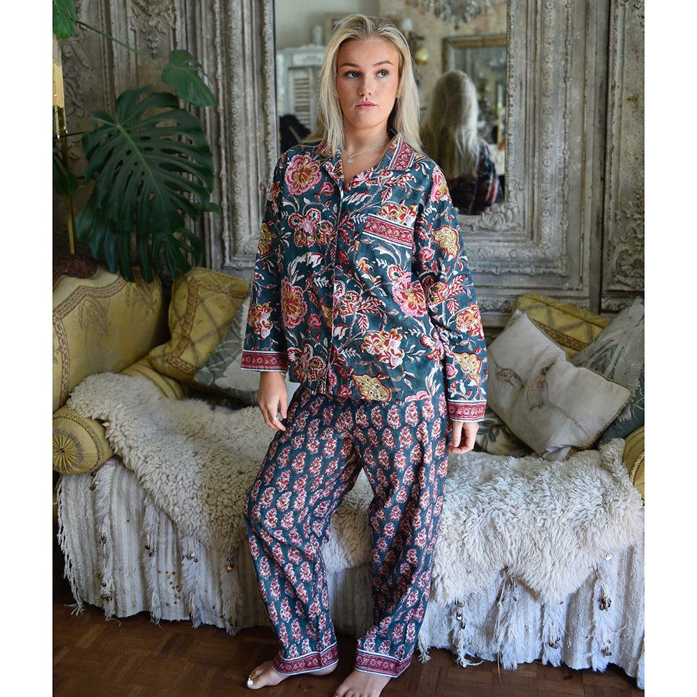 Pine Green, Red, Pink & Mustard Block Print Pyjamas