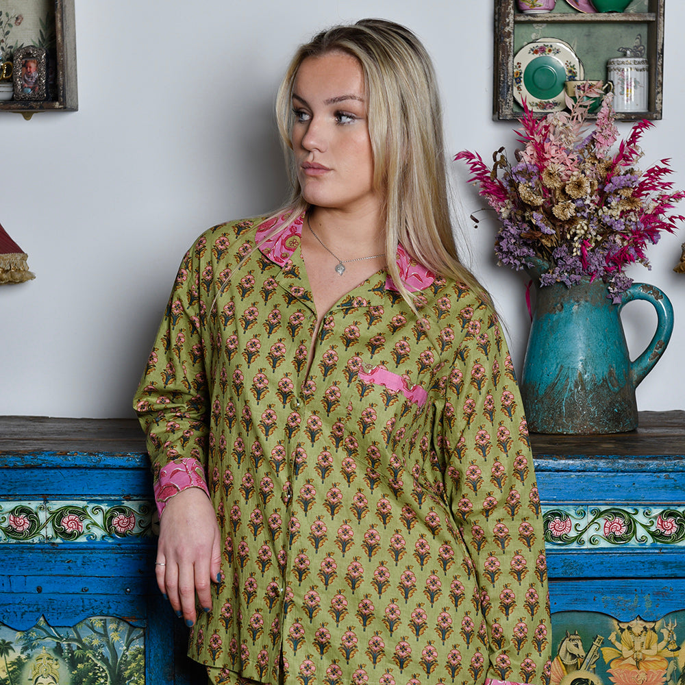 Lime Green & Pink Small Block Print Women’s Pyjamas