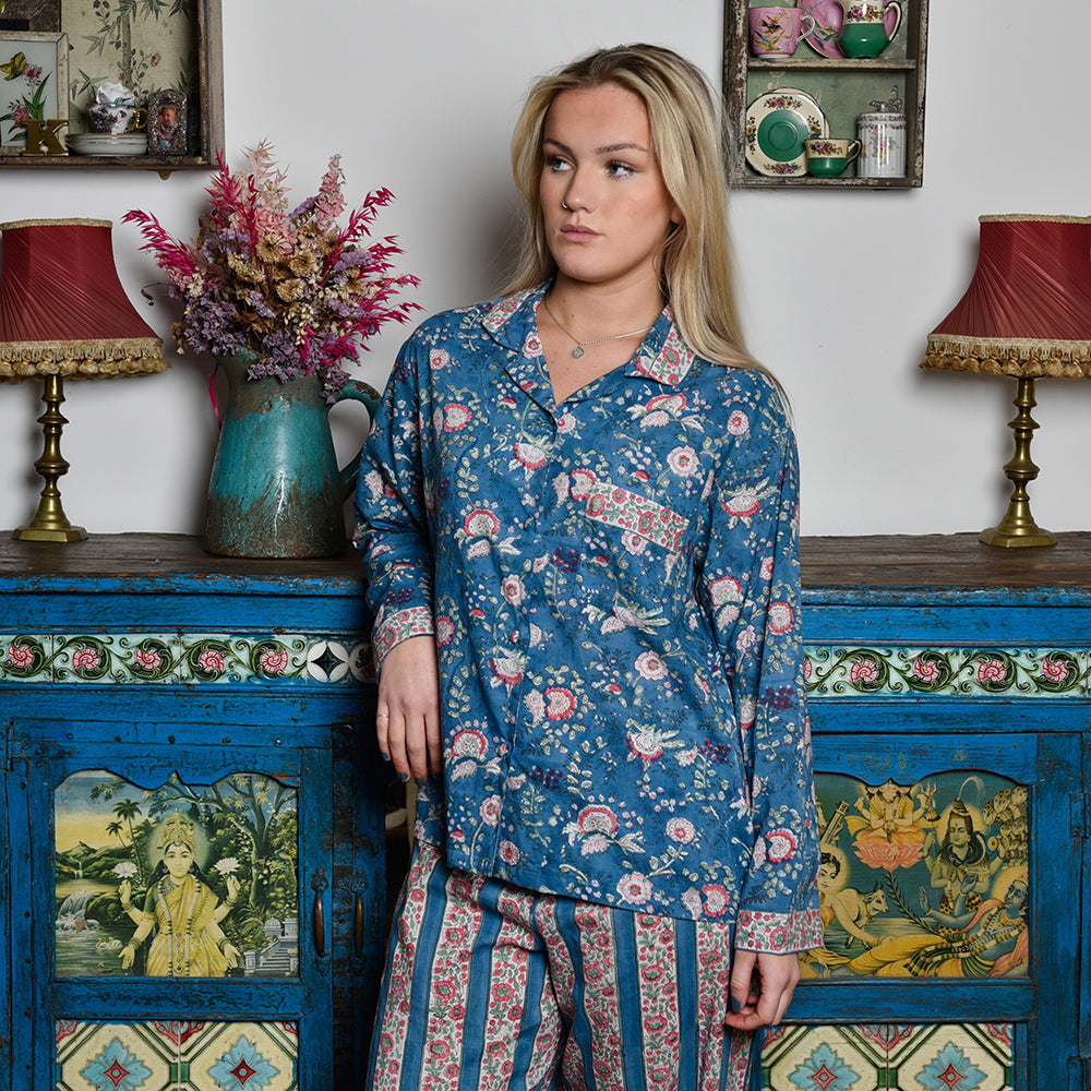 Inky Blue, Pink & Green Mixed Floral & Stripe Print Women’s Pyjamas