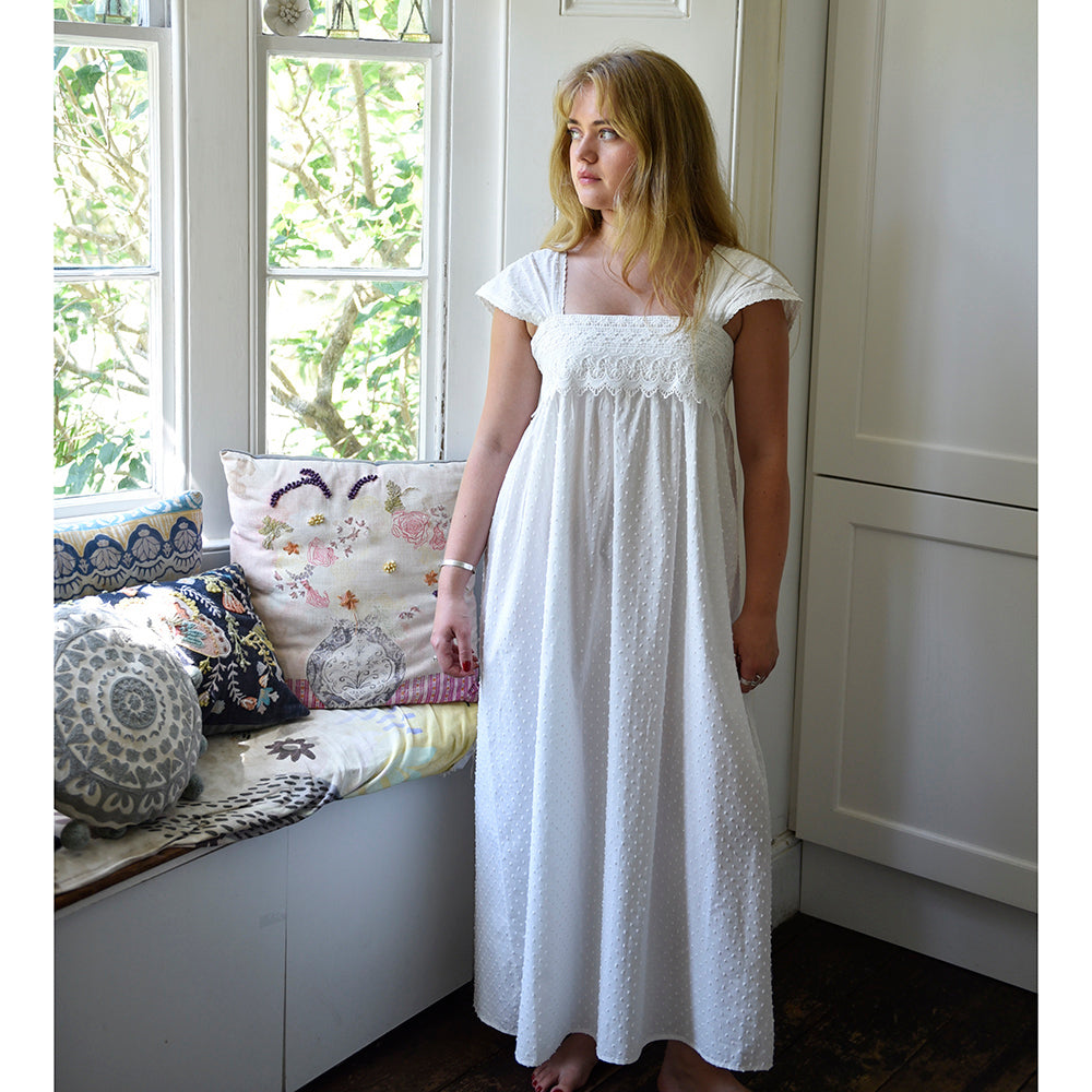 Maud, Capped Sleeve Swiss Dot Cotton Nightdress With Lace Panel