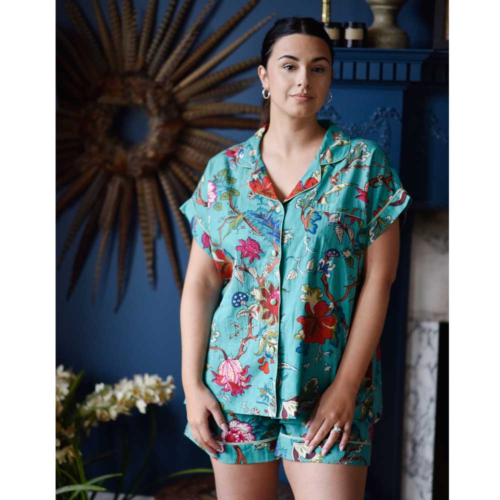 Teal Exotic Flower Short Pyjama Set