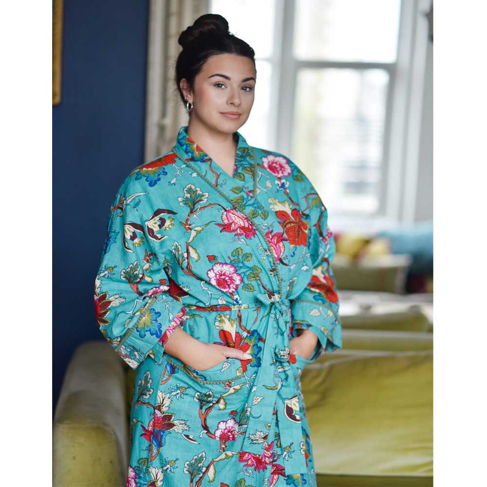 Teal Exotic Flower Dressing Gown