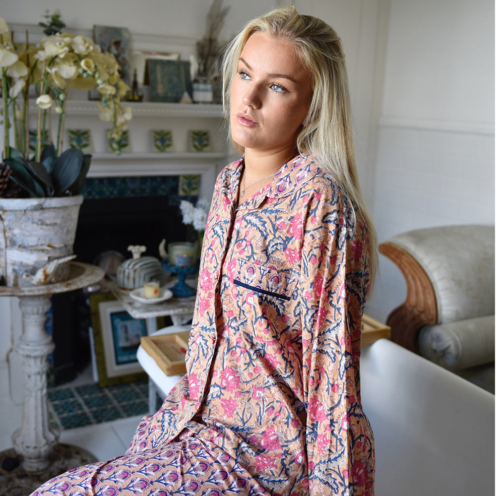Apricot, Navy & Persian Red Mixed Block Print Pyjamas