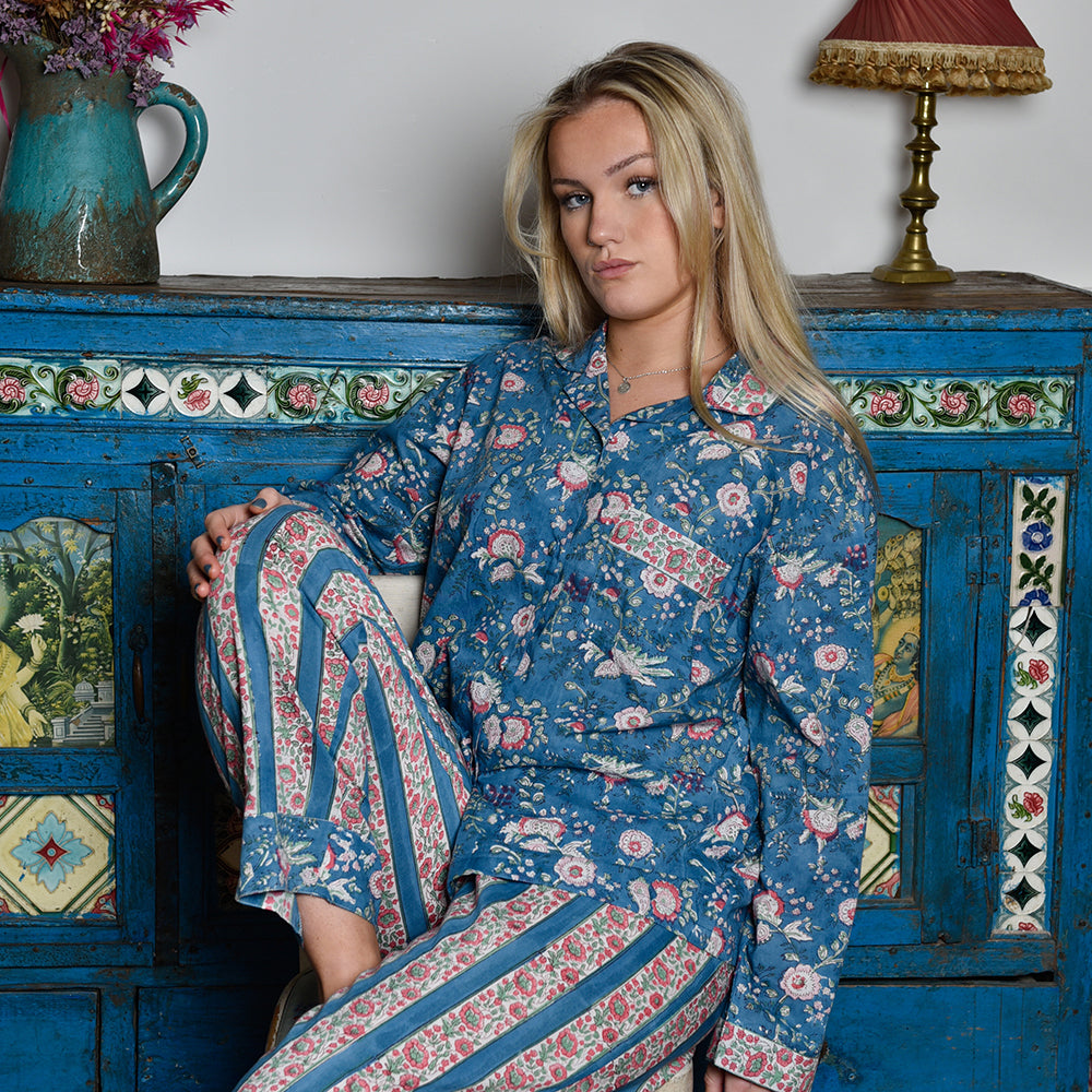 Inky Blue, Pink & Green Mixed Floral & Stripe Print Women’s Pyjamas