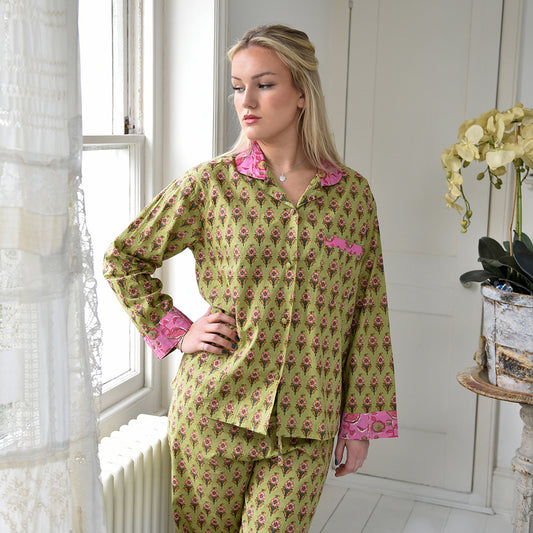 Lime Green & Pink Small Block Print Women’s Pyjamas