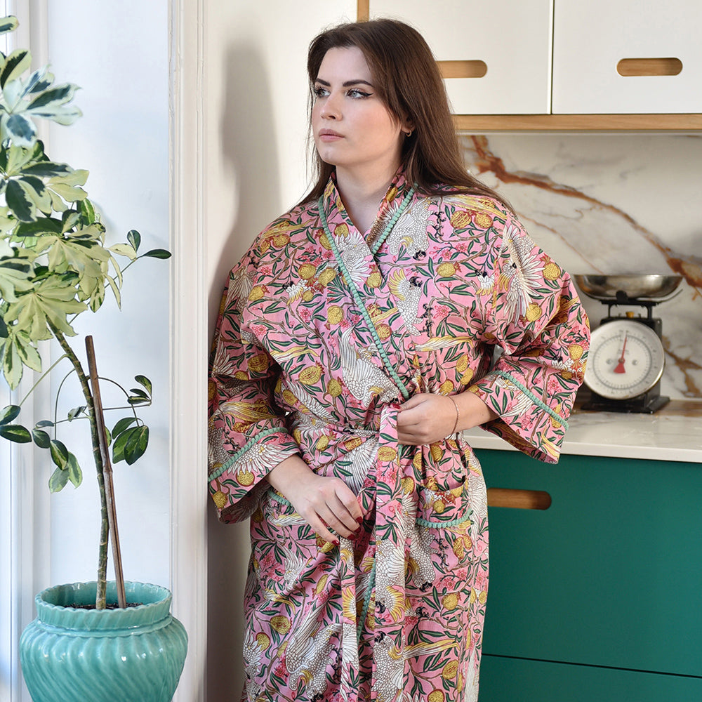 Pink Tropical Bird & Pomegranate Print Dressing Gown