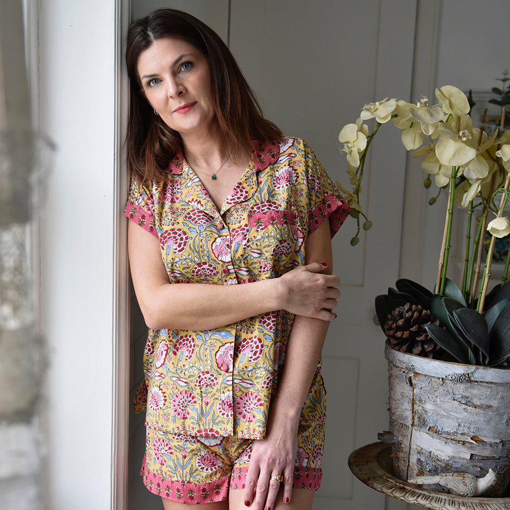 Yellow & Pink Carnation Print Short Pyjama Set