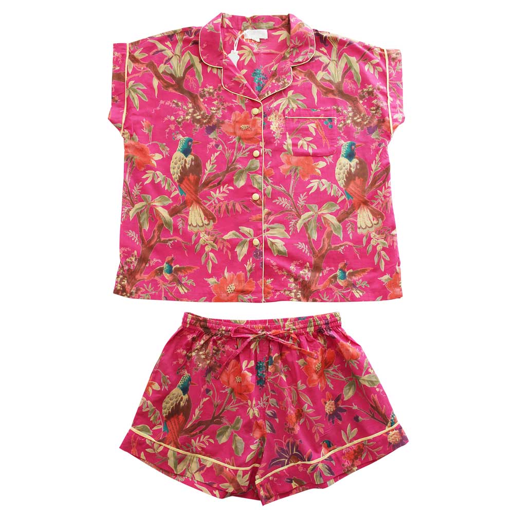Hot Pink Bird Short Pyjama Set With Piping