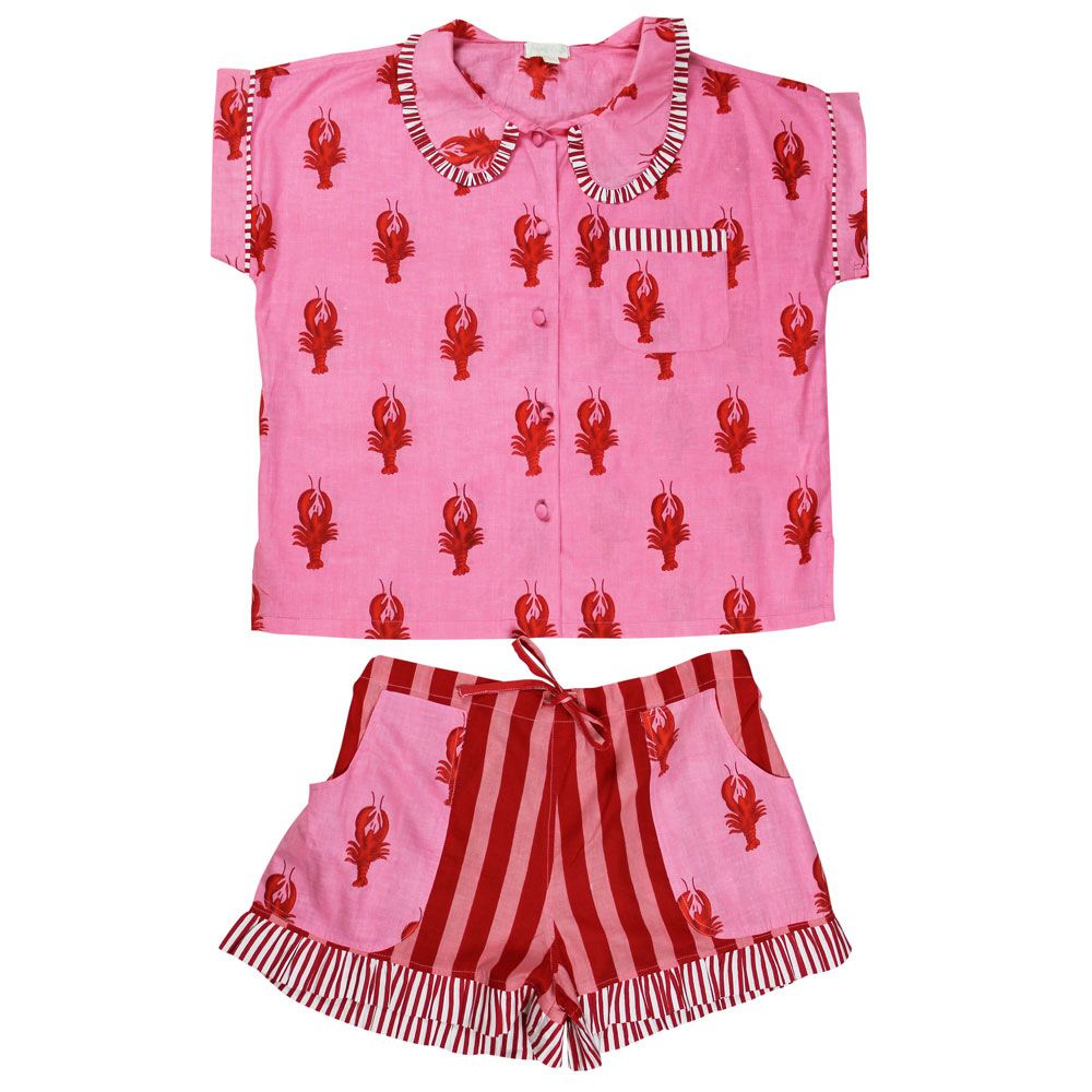 Pink & Red Lobster Shortie Pyjama Set With Peter Pan Collar