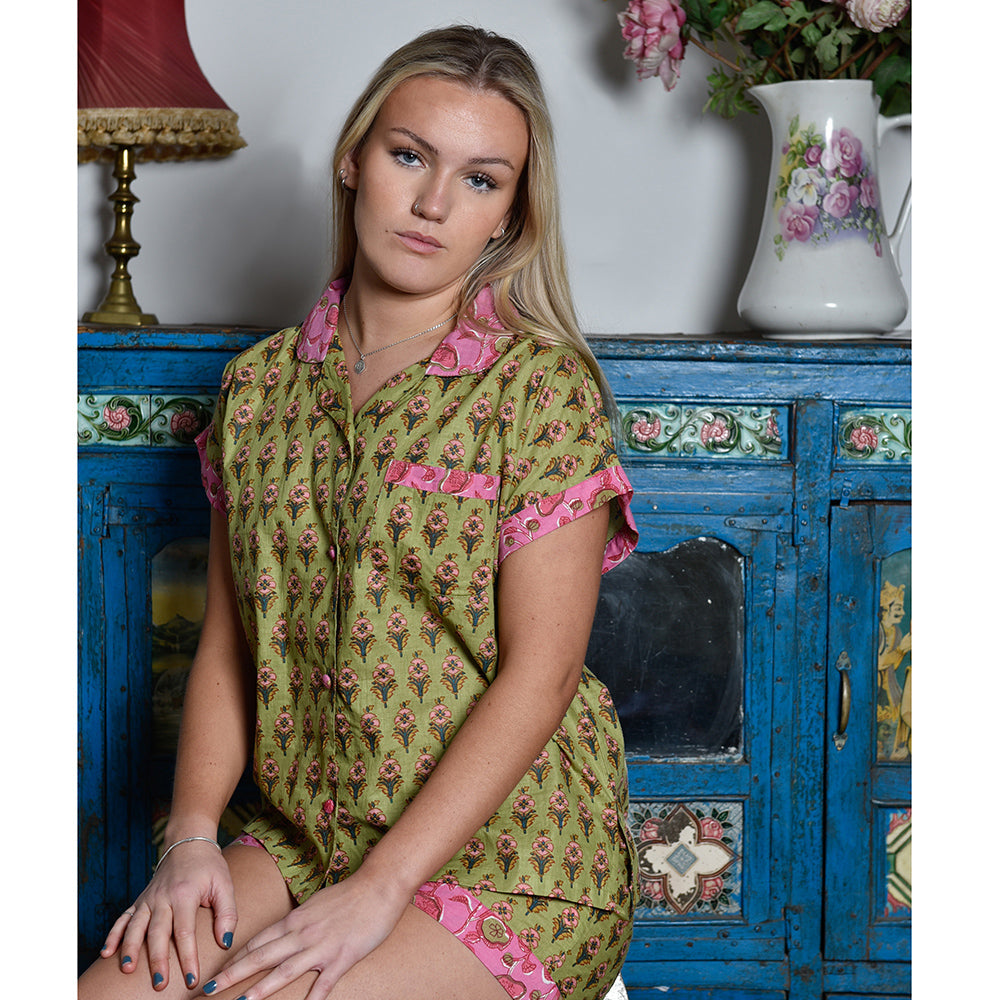 Lime Green & Pink Small Block Floral Short Pyjama Set