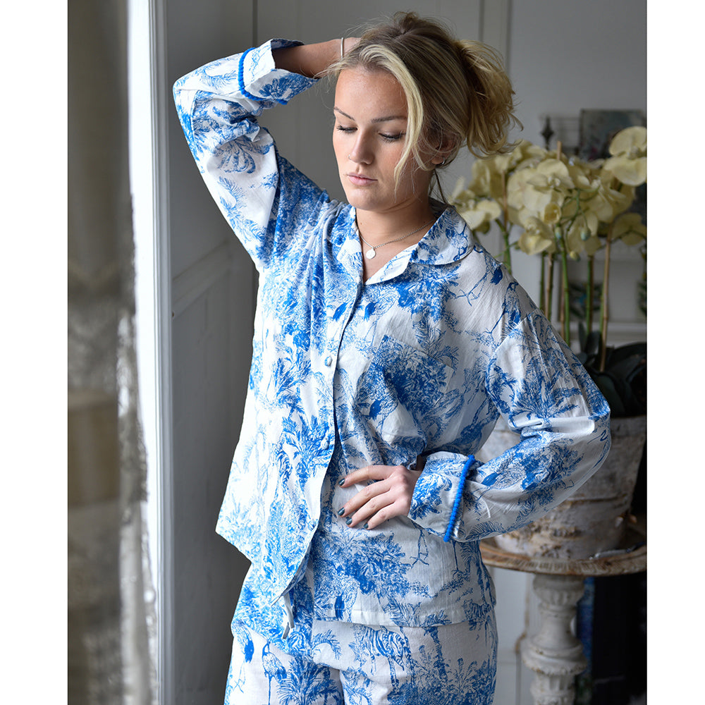 Blue & White Safari Toile De Jouy Print Pyjamas