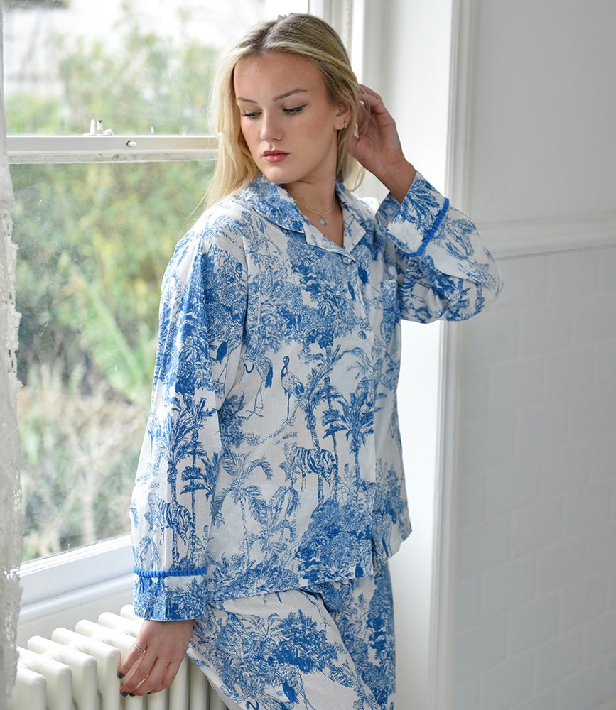 Blue & White Safari Toile De Jouy Print Pyjamas