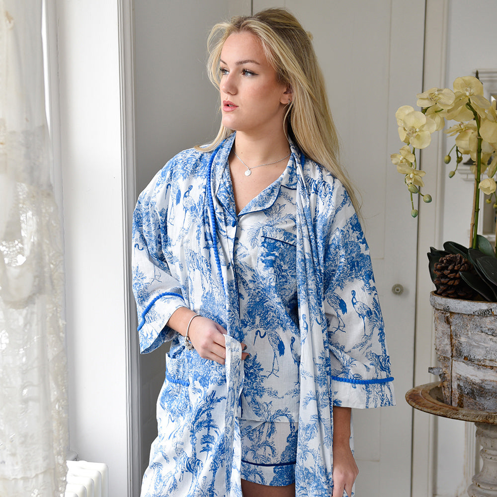 Blue & White Safari Toile De Jouy Print Dressing Gown
