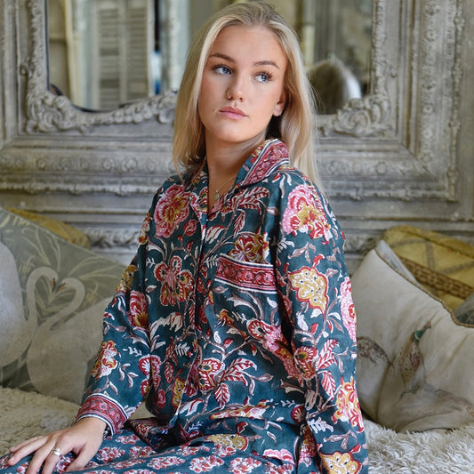 Pine Green, Red, Pink & Mustard Block Print Pyjamas