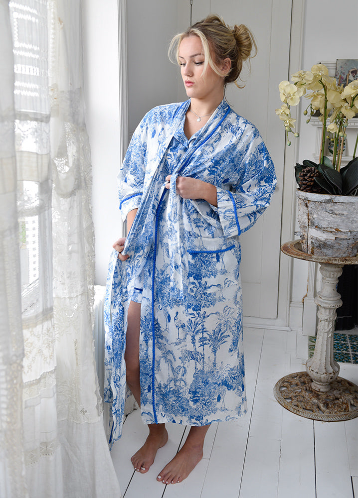 Blue & White Safari Toile De Jouy Print Dressing Gown