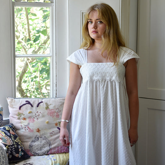 Maud, Capped Sleeve Swiss Dot Cotton Nightdress With Lace Panel