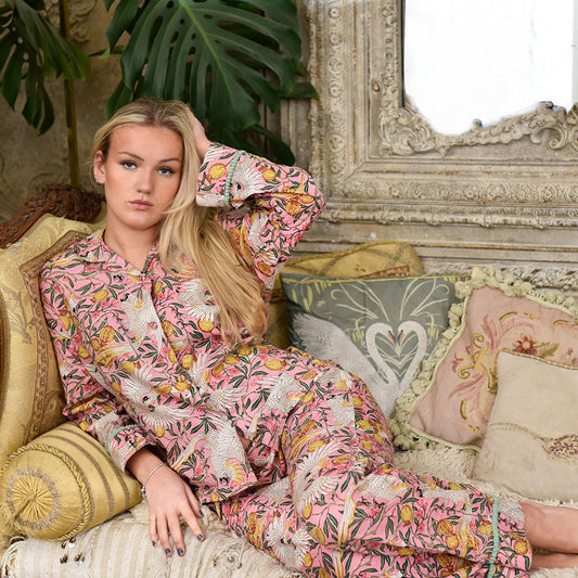 Pink Tropical Bird & Pomegranate Print Pyjamas