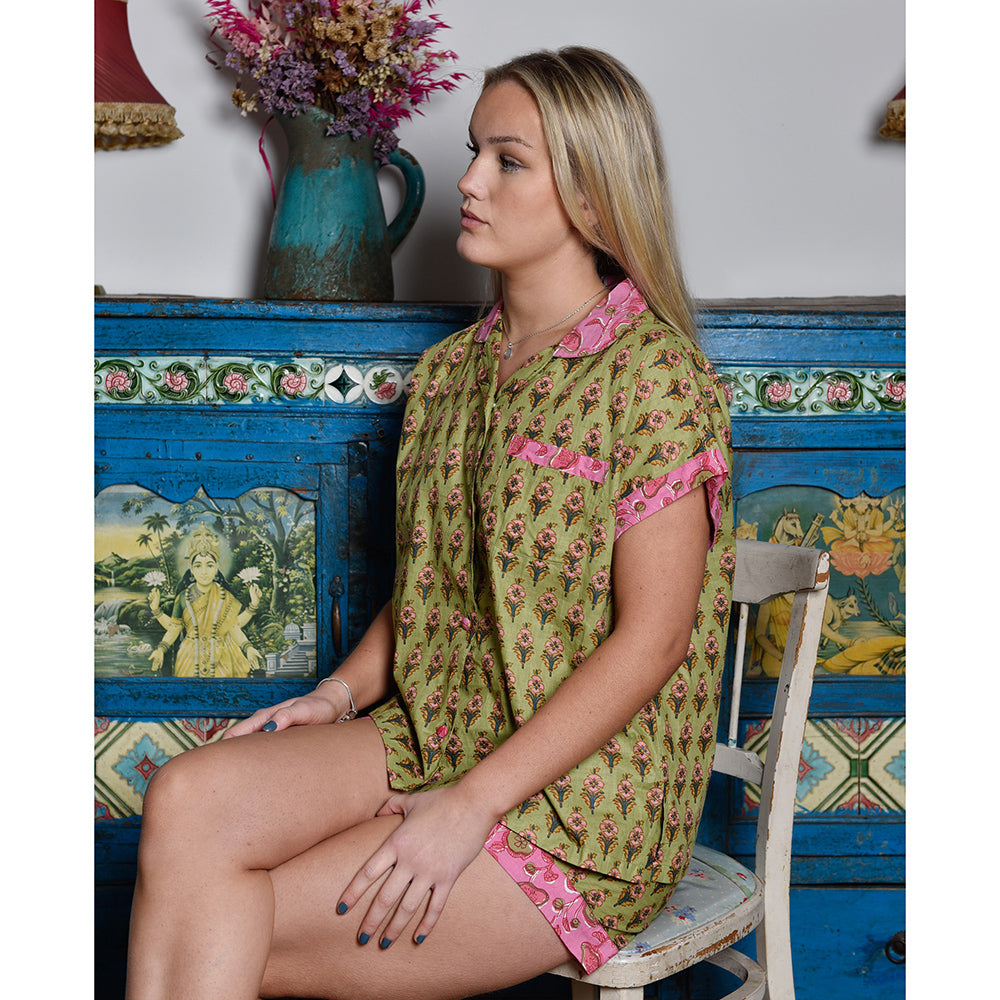 Lime Green & Pink Small Block Floral Short Pyjama Set