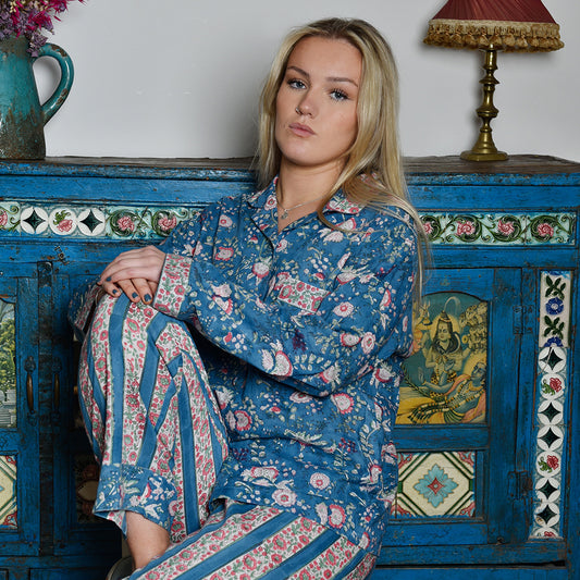 Inky Blue, Pink & Green Mixed Floral & Stripe Print Women’s Pyjamas