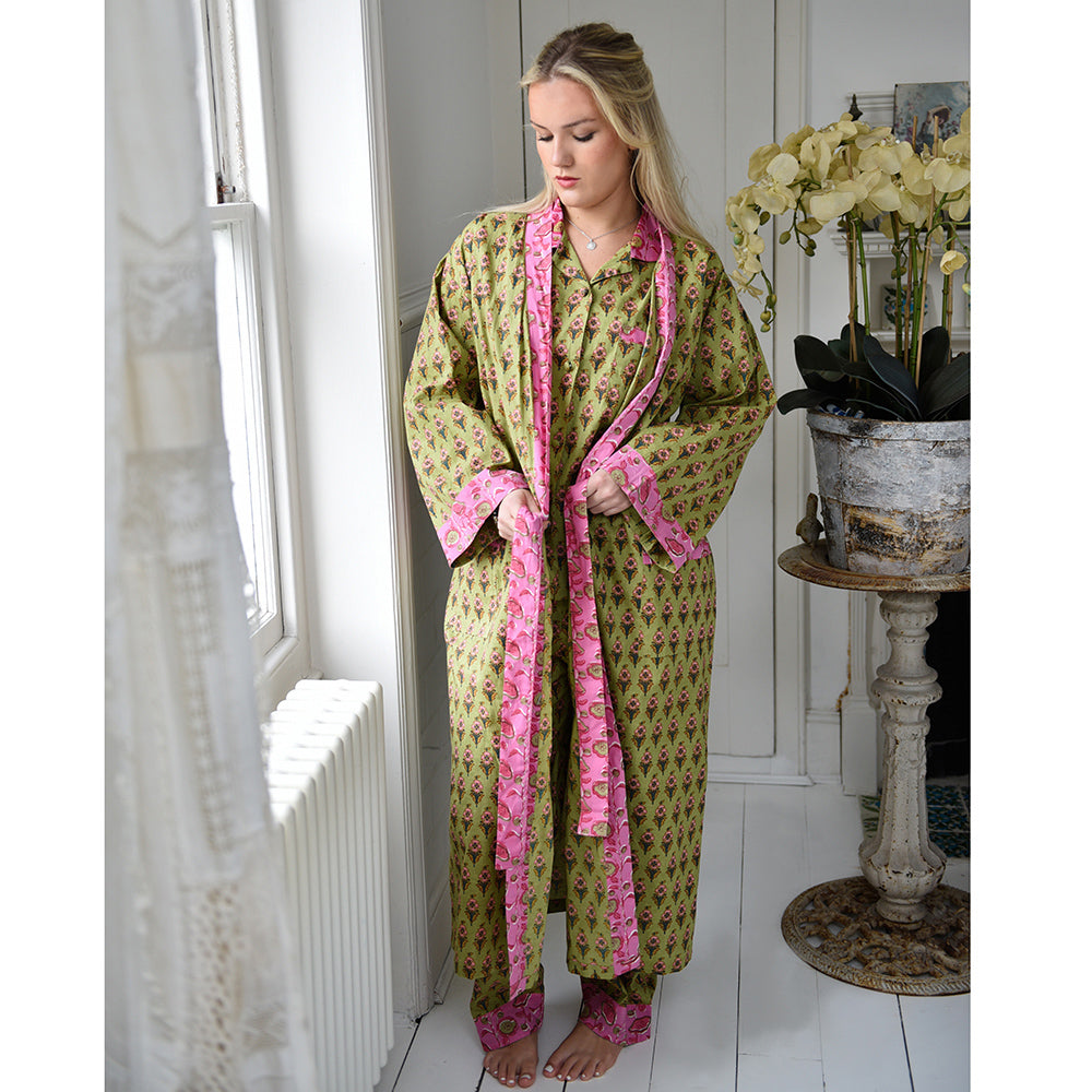 Lime Green & Pink Small Block Print Dressing Gown