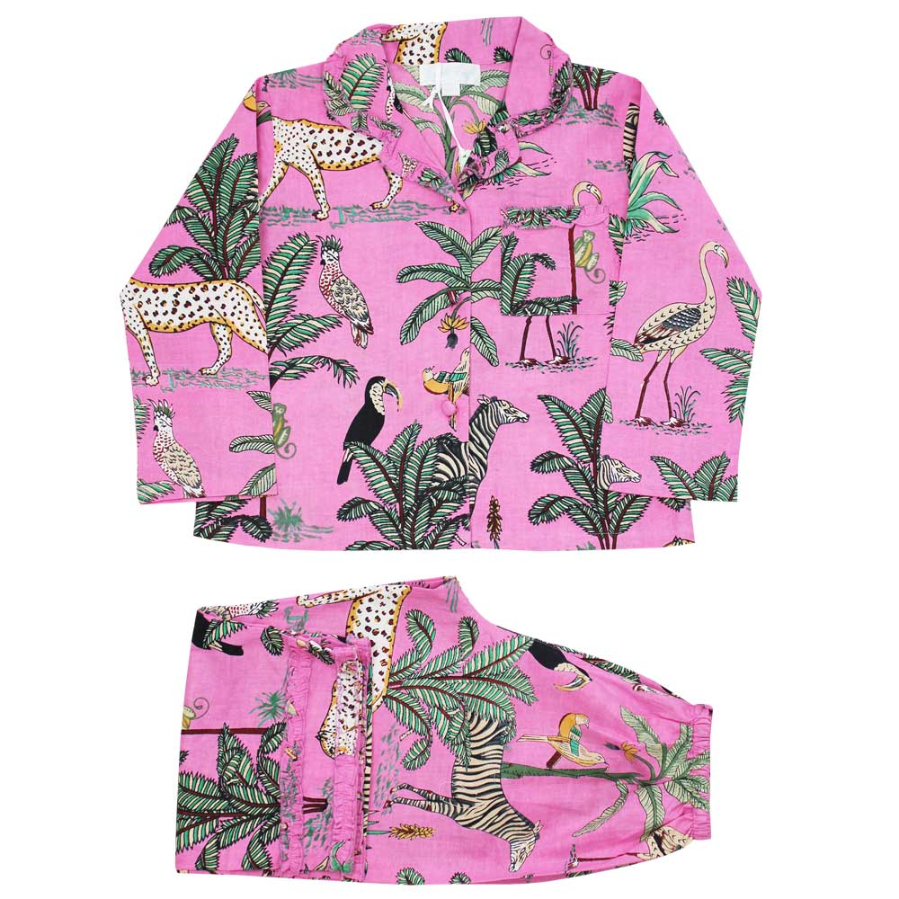 Pink Safari Print Button Down Girls Pyjamas