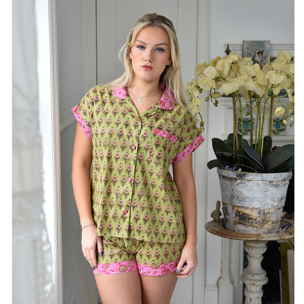 Lime Green & Pink Small Block Floral Short Pyjama Set