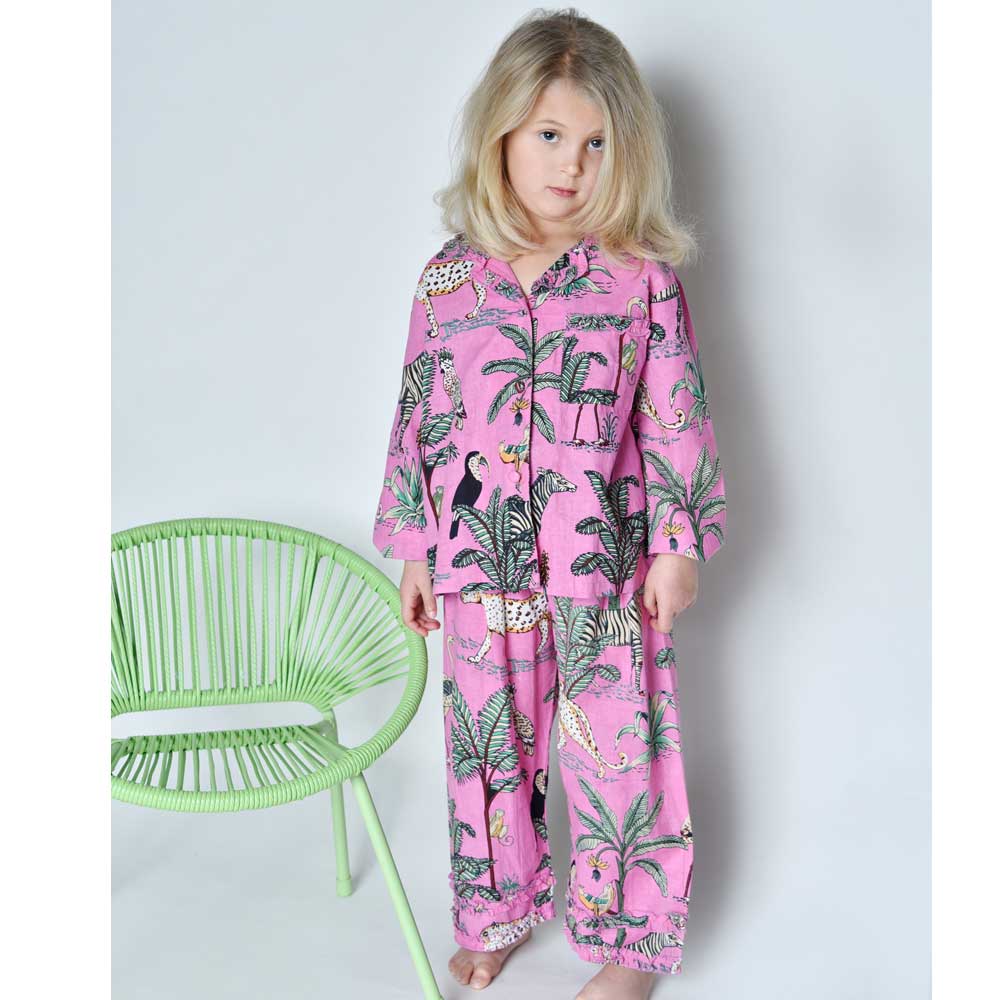 Pink Safari Print Button Down Girls Pyjamas