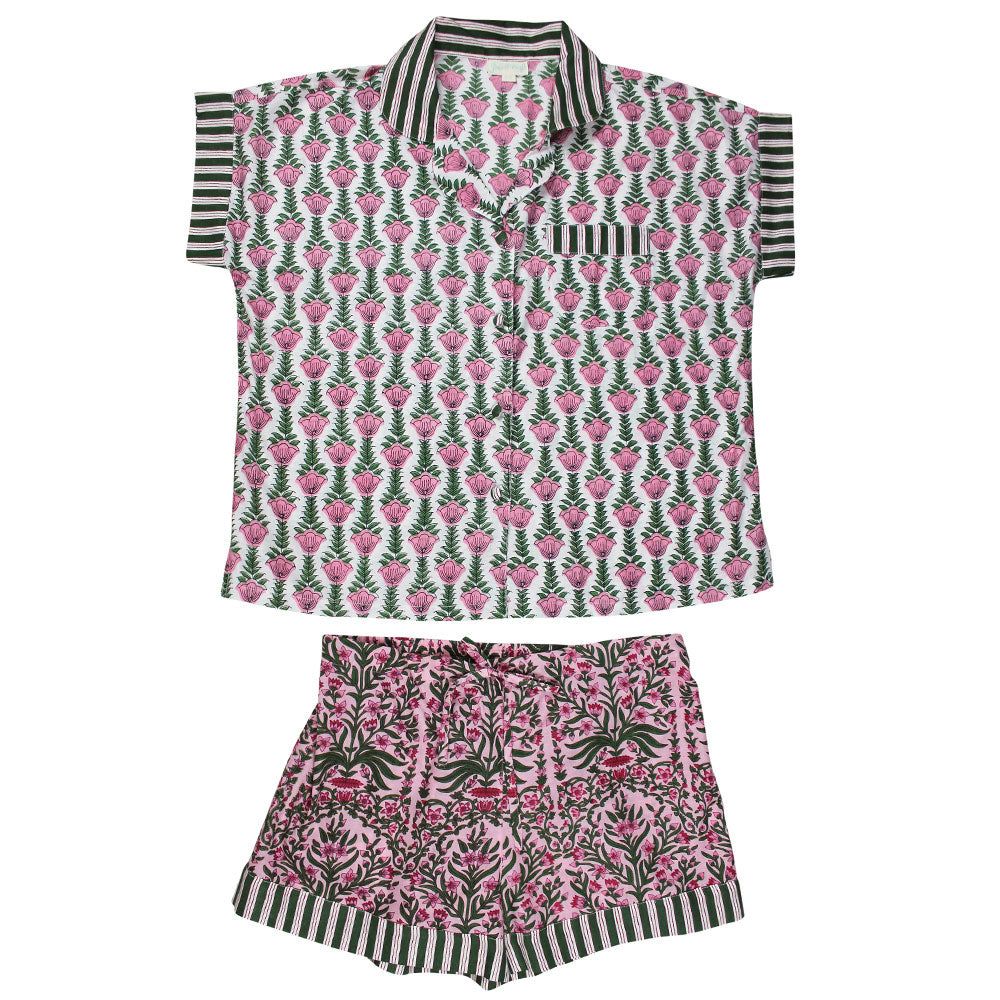 Pink & Green Damask Style Floral Print Short Pyjama Set