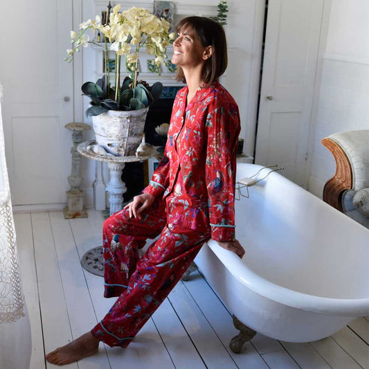 Red Exotic Bird Print Pyjamas