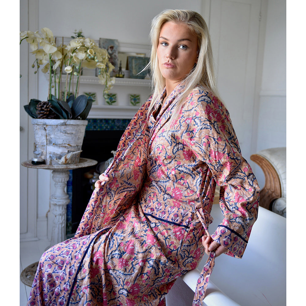 Apricot, Navy & Persian Red Mixed Block Print Dressing Gown