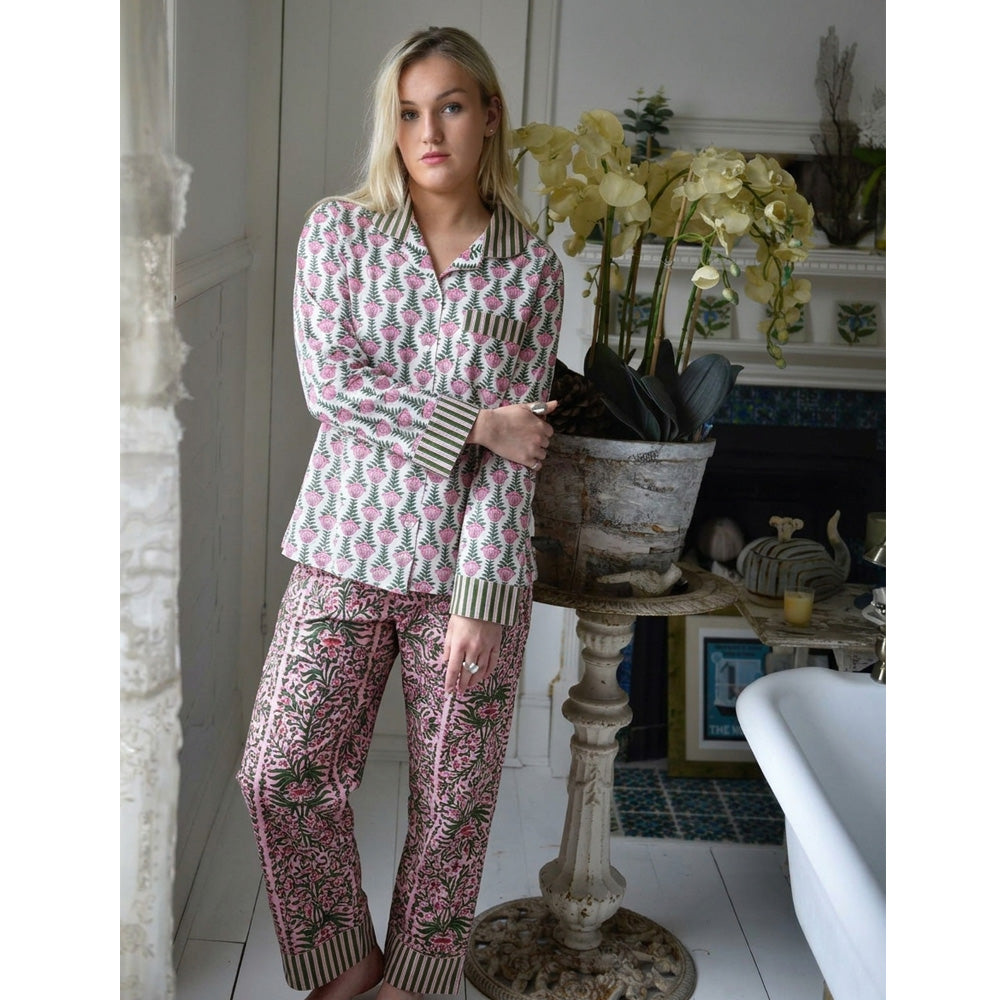 Pink & Green Damask Style Floral Print Pyjamas