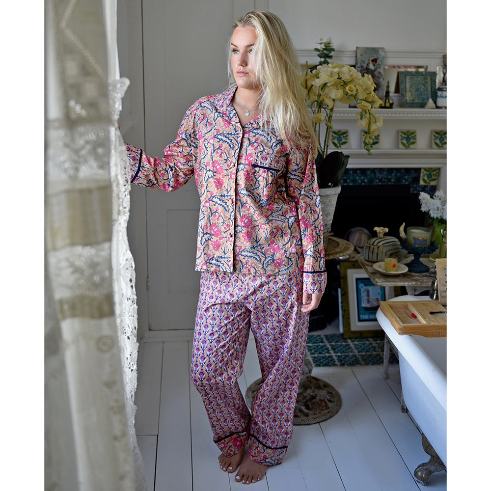 Apricot, Navy & Persian Red Mixed Block Print Pyjamas