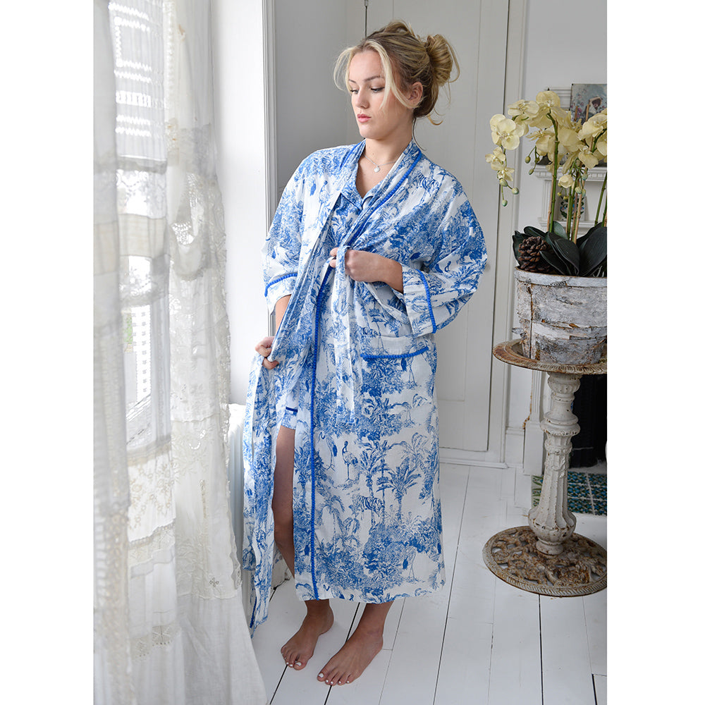 Blue & White Safari Toile De Jouy Print Dressing Gown