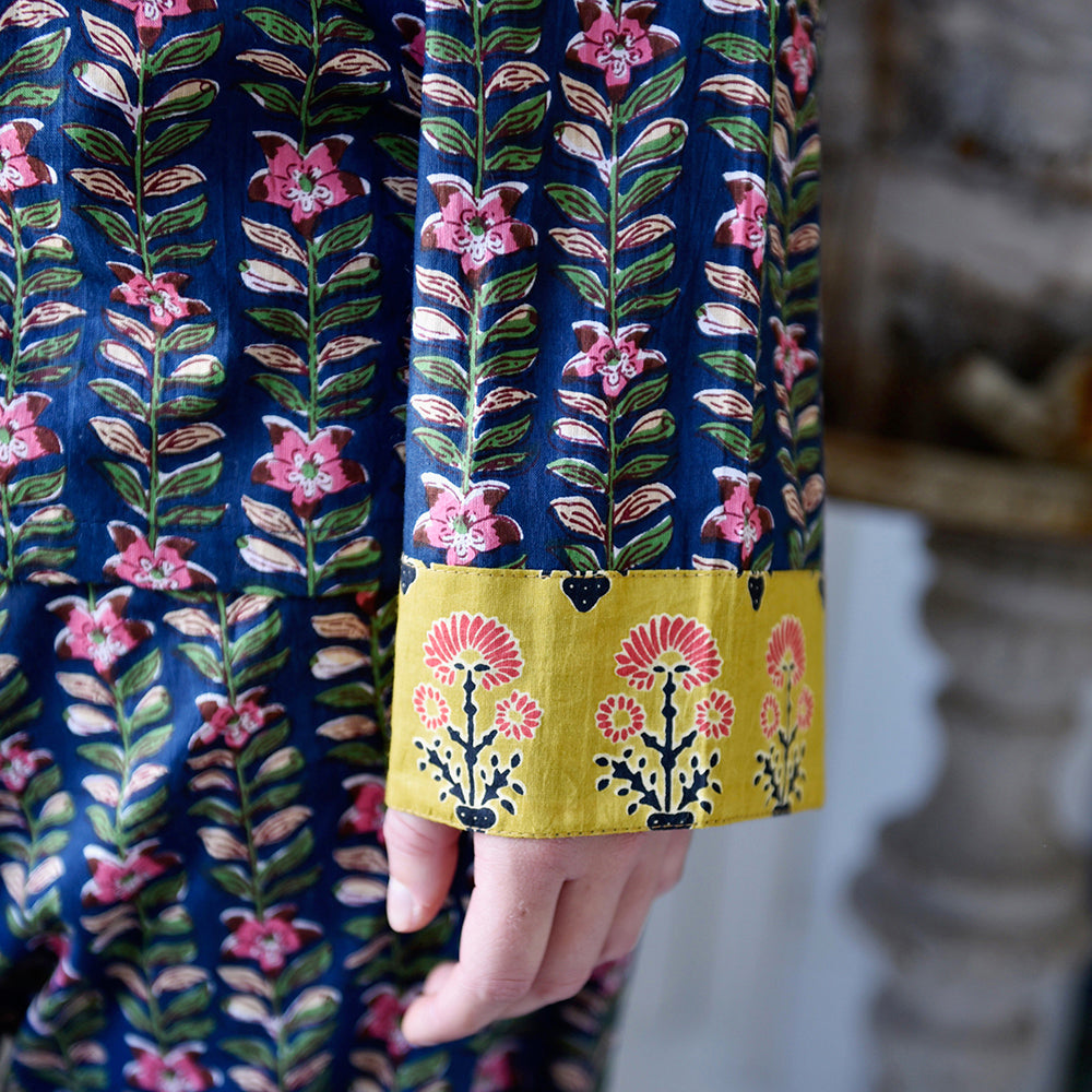 Navy Blue & Pink Lily Vertical Block Print Pyjamas