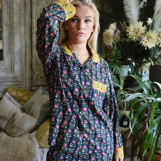 Navy Blue & Pink Lily Vertical Block Print Pyjamas